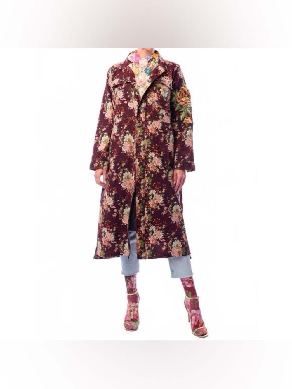 Aratta Cara Delevingne Floral Duster Coat M Embroidered Boho Quilted Liner